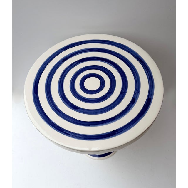 Pair of blue and white stripe decor ceramic terracotta side end low coffee cocktail bedside tables or nightstands. Italian...