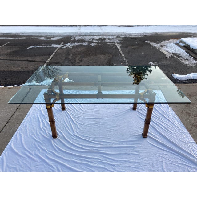 Wood Asian Influenced Glass Dining Table in Faux Bamboo Having Bronze Fretwork For Sale - Image 7 of 12
