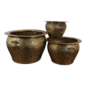 Vintage Chinese Hammered Brass Nesting Foo Dog Planters Jardinieres Cachepots- Set of 3