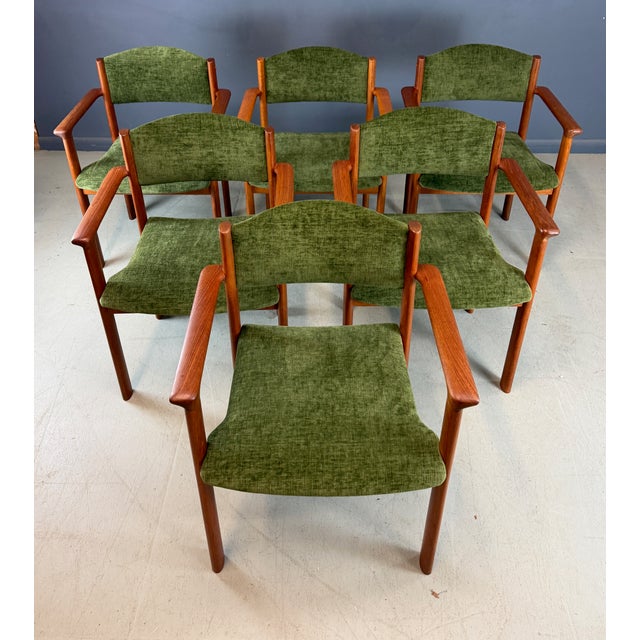 Green Set of Six Scandinavian Modern Teak Stacking Armchairs, Denmark or Norway, 1970s For Sale - Image 8 of 10