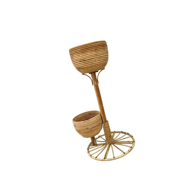 Tan Rattan Bamboo Plant Holder on Stand, 1970s For Sale - Image 8 of 9