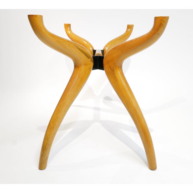 Sculptural Mid-Century Modern Glass-Top Dining Table with Curved Wood Base For Sale - Image 4 of 18