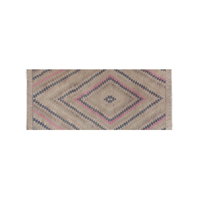 Turkish Faded Geometric Kilim Rug 4'11'' X 11'6'' 59'' x 138'' / 150 x 350 Cm Hand woven with high quality pure wool...