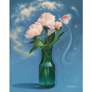 Life in a Bottle by Sybiline | Oil on panel Still life of peonies in a green glass vase with a butterfly. For Sale