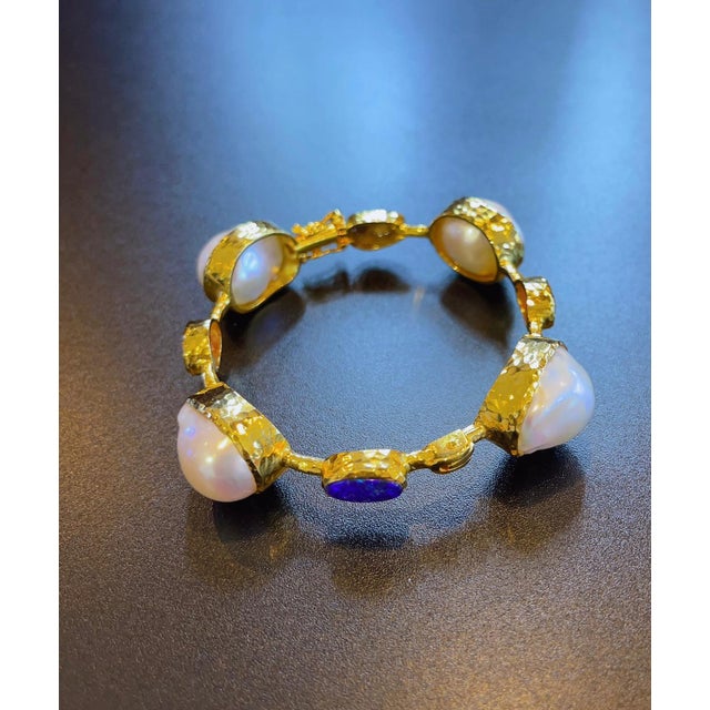 Bochic “Capri” Vintage Ruby, Blue Opal & South Sea Pearl Bangle in 18K Gold & Silver For Sale - Image 11 of 12