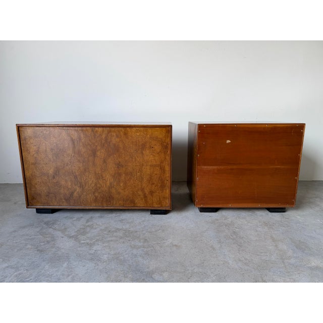 Pair of Vintage John Widdicomb Burl Wood Veneer & Brass Nightstands/ Sold For Sale - Image 12 of 12