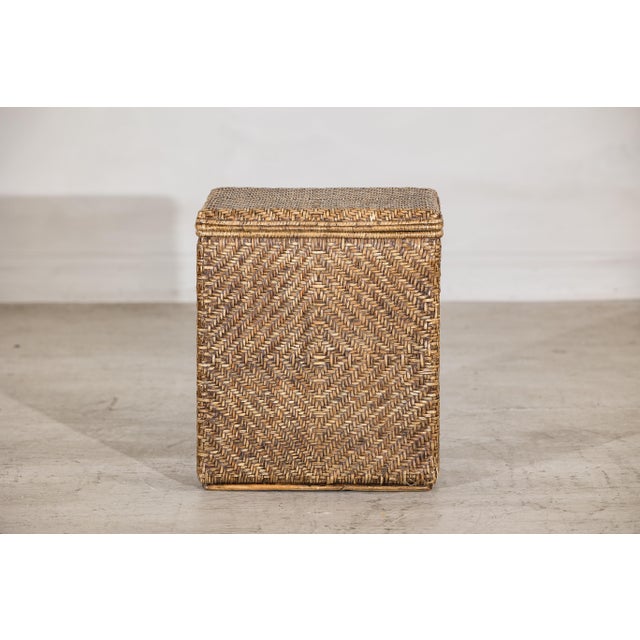 Vintage Rattan Over Wood Storage Basket with Removable Lid and Side Handles For Sale - Image 12 of 17