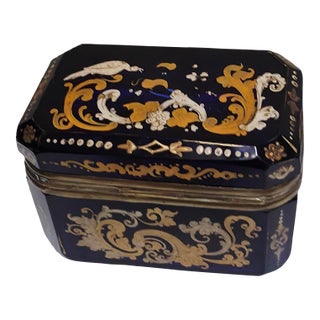 Early 1900s Antique Moser Hand Painted Cobalt Blue Gold/White Enamel Trinket Box/Casket For Sale