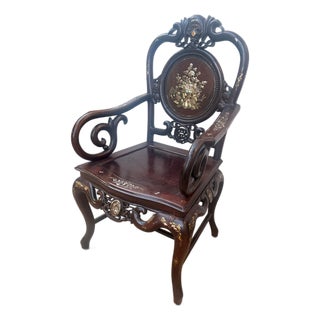 Vintage Chinese Hardwood Armchair With Mother-of-Pearl Inlay and Carved Longevity Motifs For Sale