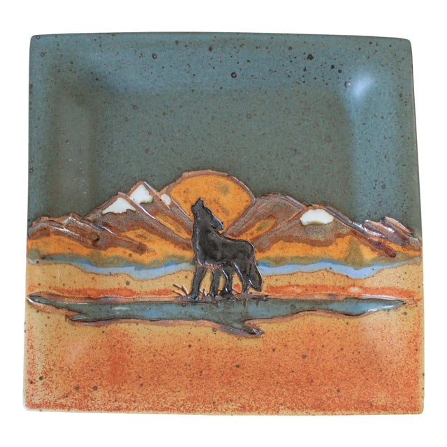 Vintage Studio Art Pottery Howling Wolf Trinket Tray For Sale