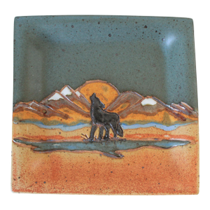 Vintage Studio Art Pottery Howling Wolf Trinket Tray