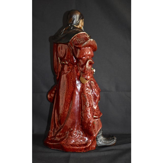 1940s Vintage Chinese Shiwan Pottery Guan Yu Statue Oxblood Glazed Ceramic Guan Gong For Sale - Image 5 of 18