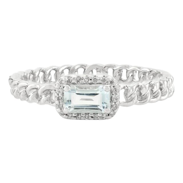 14k White Gold Halo Diamond Topaz Baguette Ring Size 5.5 For Sale