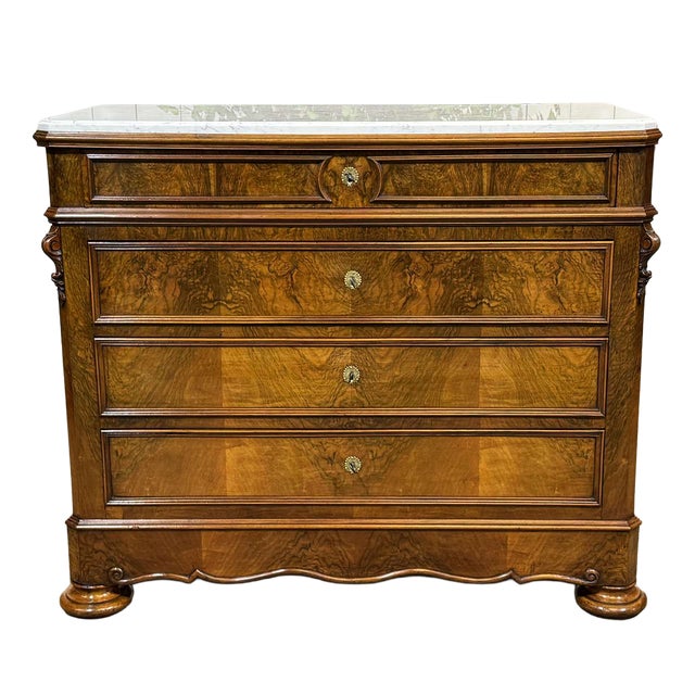 Napoleon III Commode in Walnut, Fir and White Marble, 19th Century For Sale