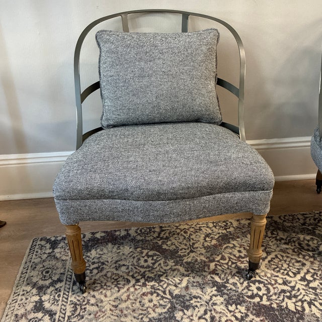 Rare! Pair of (2) RH Retired French Coutourier’s Chairs in Carbon Grey Texture Fabric Style