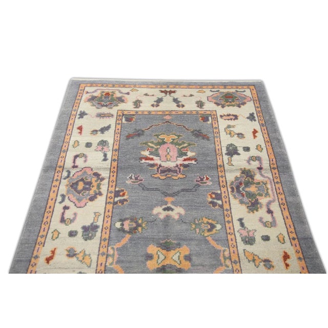 Early 21st Century Turkish Blue & Pink Handwoven Oushak Rug For Sale - Image 4 of 7
