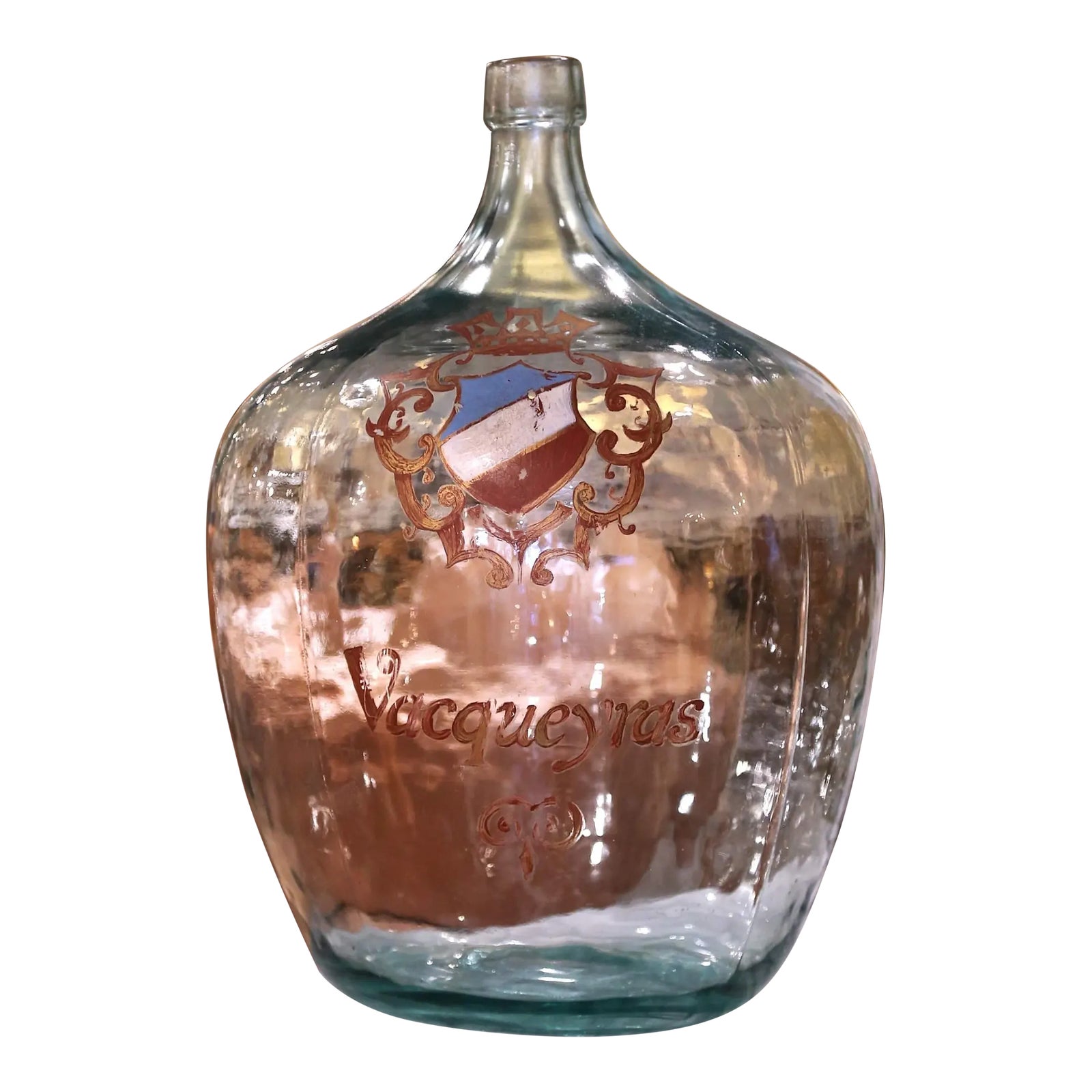 French Hand Blown Demijohn Glass Bottle and Gilt With 