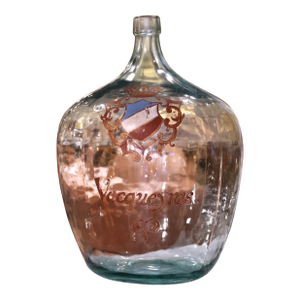 French Hand Blown Demijohn Glass Bottle and Gilt With "Vacqueyras" Crest