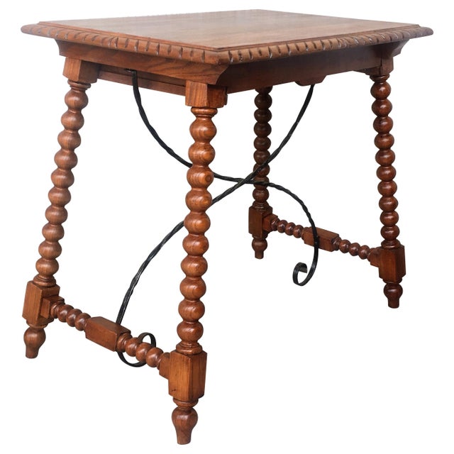 19th Century Spanish Farm Table with Iron Stretchers, Hand Carved Top and Drawer For Sale - Image 15 of 18