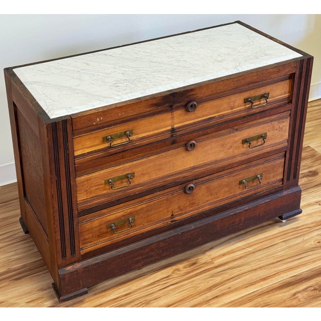Antique Beveled Marble Top Wood Three Drawer Eastlake Commode For Sale In Kansas City - Image 6 of 15