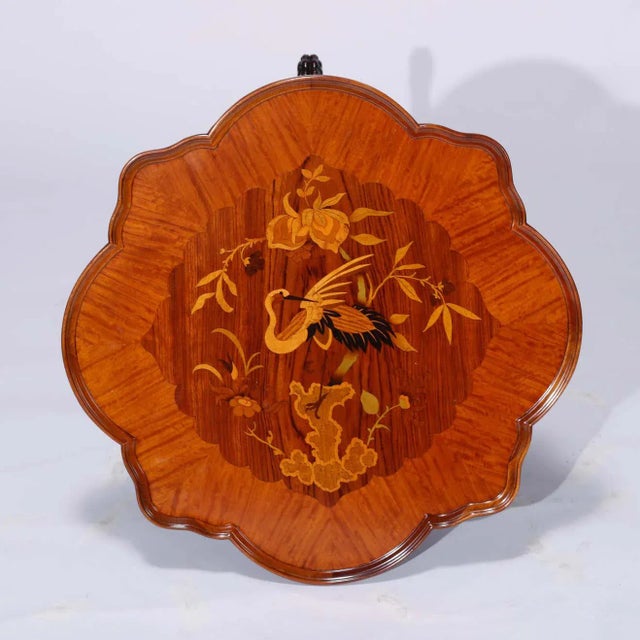 Early 20th Century Early 20th Century Heron Satinwood Marquetry Scalloped Triple Pedestal Side Tables - a Pair For Sale - Image 5 of 13