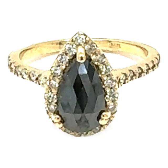 2.06 Carat Pear Cut Halo Black Diamond Yellow Gold Engagement Ring, Size 7 For Sale
