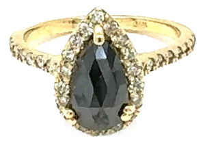 2.06 Carat Pear Cut Halo Black Diamond Yellow Gold Engagement Ring, Size 7