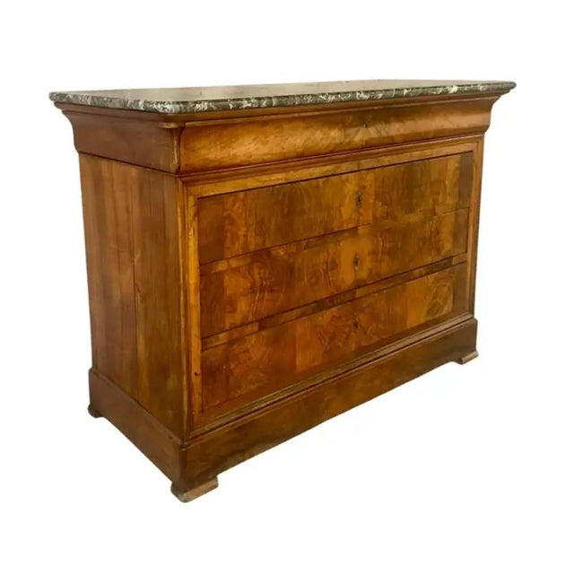Louis Philippe Book Matched Burl Walnut Chest With Marble Top For Sale - Image 4 of 15