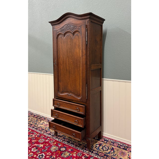 Brown Antique French Louis XV Style Armoire Linen Cabinet Chest Bonnetiere Oak For Sale - Image 8 of 17