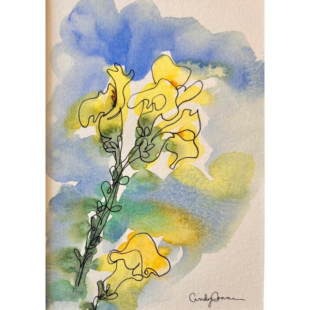 Contemporary Framed Original Watercolor Painting “Yellow Snapdragons” Ink and Wash For Sale - Image 3 of 7