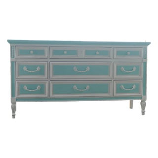 Turquoise & White Long Lowboy 9 Drawer Dresser For Sale