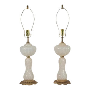 Pair of Mid-Century Gold Aventurine Bullicante on White Murano Table Lamps in the Style of Barovier & Toso