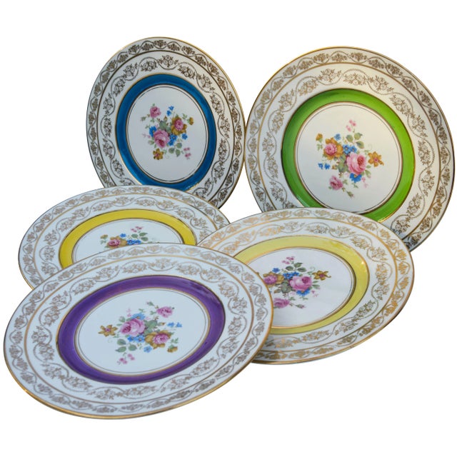 Mid 20th Century Mid 20th Century Golden Plates with Colorful Floral Motif- Set of 5 For Sale - Image 5 of 8