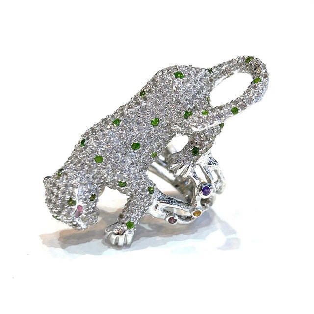 Bochic "Orient" Vintage Panthere Emerald & Sapphire Ring Set 18K White Gold & Silver For Sale - Image 10 of 10