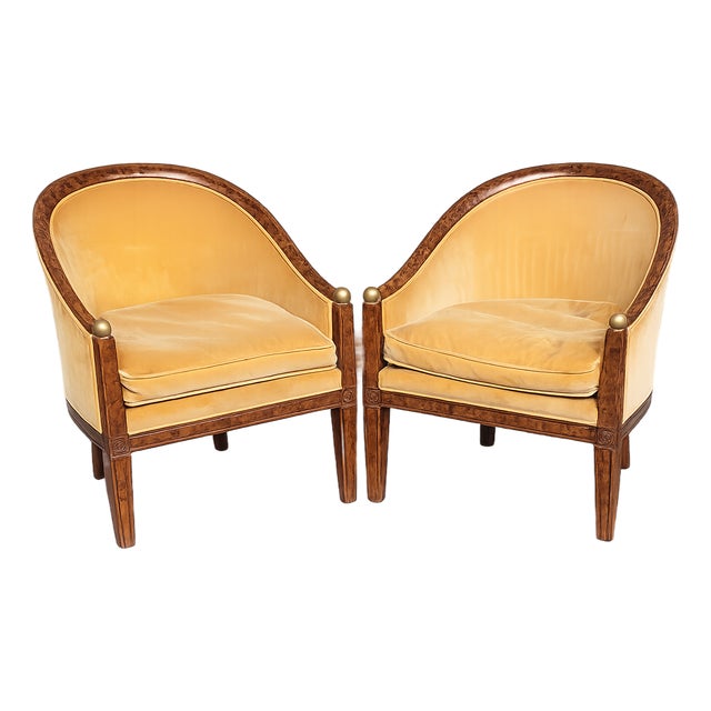 Pair of Vintage Art Deco Revival Hollywood Regency Barrel Back Lounge Chairs in Faux Tortoiseshell Finish For Sale