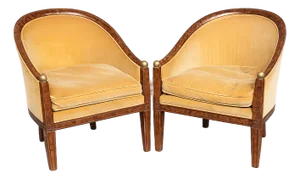 Pair of Vintage Art Deco Revival Hollywood Regency Barrel Back Lounge Chairs in Faux Tortoiseshell Finish