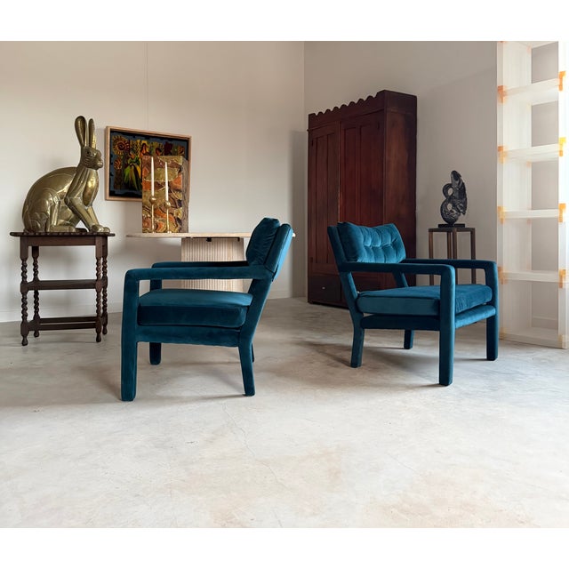 Pair Re-Upholstered Emerald Green Velvet Parsons Lounge Chairs Milo Baughman For Sale - Image 11 of 18