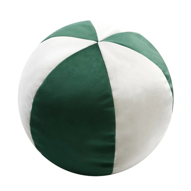Contemporary Velvet Ball Cushion in Green and White by Lo Decor For Sale - Image 3 of 3