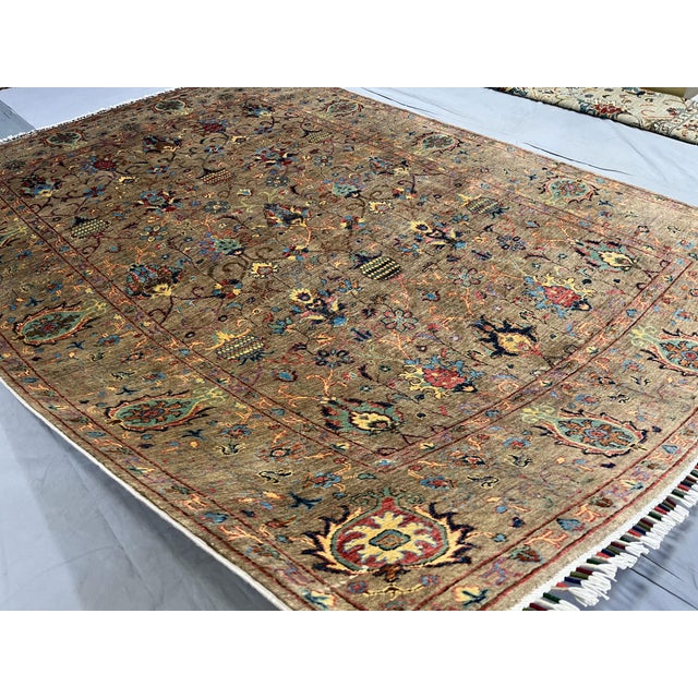 Textile Taupe Afghan Sultani Natural Dye Wool Rug, Persian Floral Botanical Design, 6′7″ × 9′2″ For Sale - Image 7 of 13