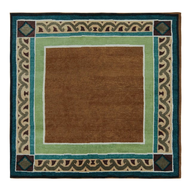 Rug & Kilim’s French Art Deco style Square Rug with Brown Open Field - 9x9 For Sale