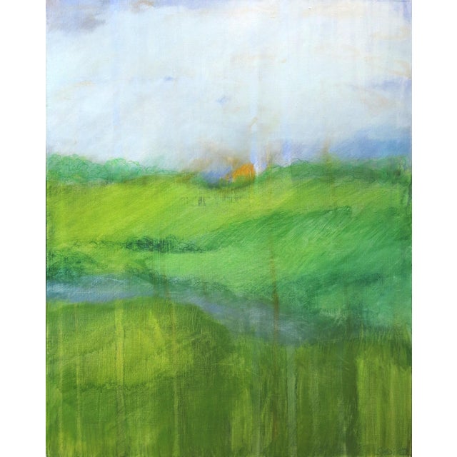 In this soft painting a semi-abstract landscape is presented, interwoven with stripes and lines. These elements are...