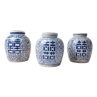 Mid-Century Chinese Blue & White Double Happiness Pottery Ginger Jars - S/3 For Sale