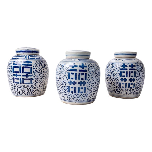 Mid-Century Chinese Blue & White Double Happiness Pottery Ginger Jars - S/3 For Sale