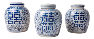 Mid-Century Chinese Blue & White Double Happiness Pottery Ginger Jars - S/3