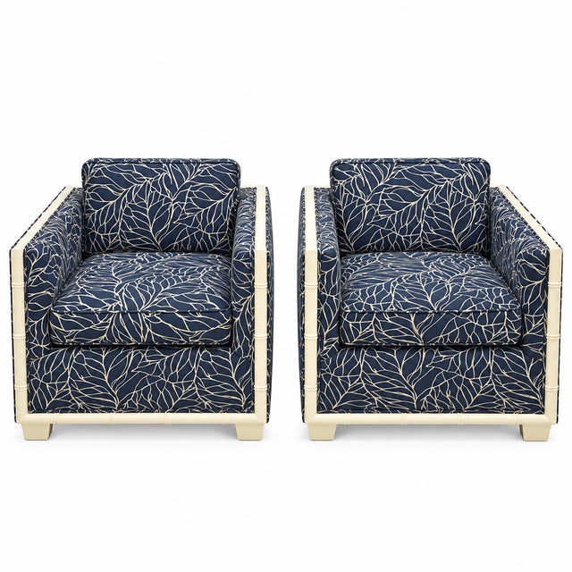 Hollywood Regency Era Navy Blue Faux Bamboo Banana Leaf Club Chairs, Pair For Sale In Atlanta - Image 6 of 8