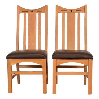 Charles Rennie Mackintosh Style Arts & Crafts Inlaid Oak High Back Side Chairs or Dining Chairs, Pair For Sale