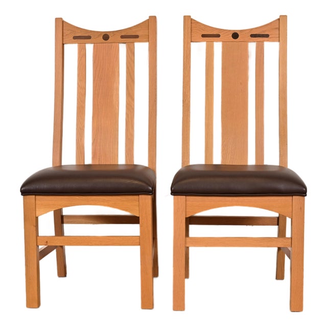 Charles Rennie Mackintosh Style Arts & Crafts Inlaid Oak High Back Side Chairs or Dining Chairs, Pair For Sale
