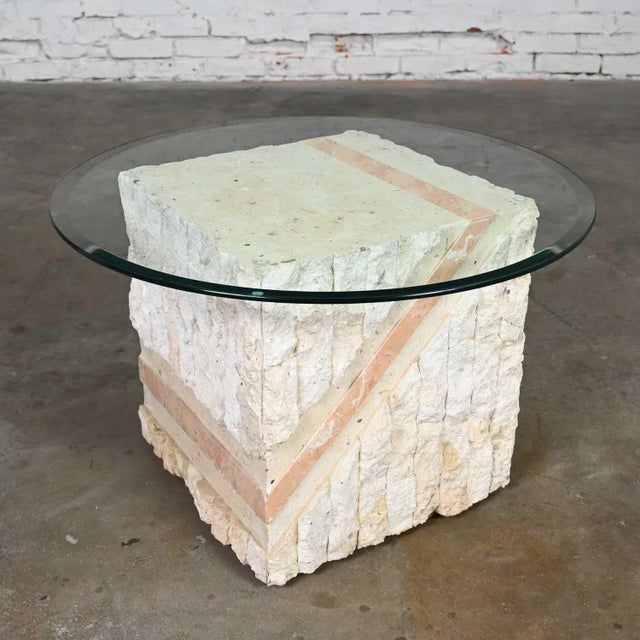 Modern Tessellated Mactan Stone Square End Table Peach Stripe Style of Maitland Smith For Sale - Image 13 of 13