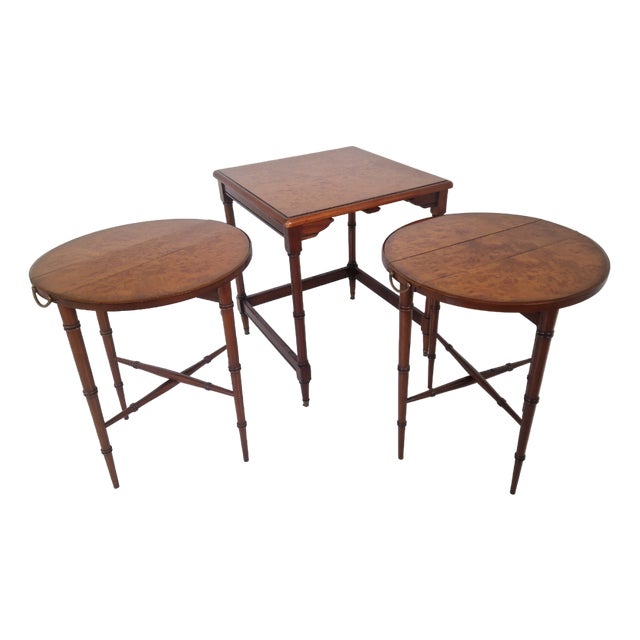 Burl Top Mahogany Nesting Tables, Set of 3 For Sale