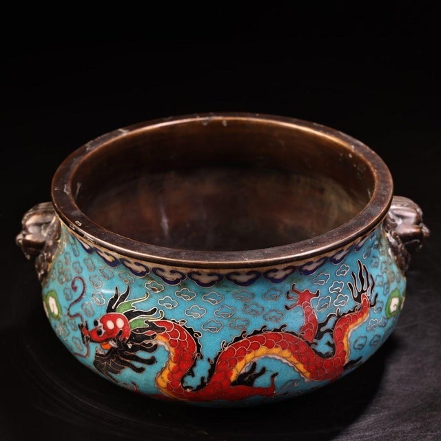 This is a magnificent and substantial vintage Chinese Cloisonné (Jingtai Lan) incense burner, weighing nearly 6 lbs. The...